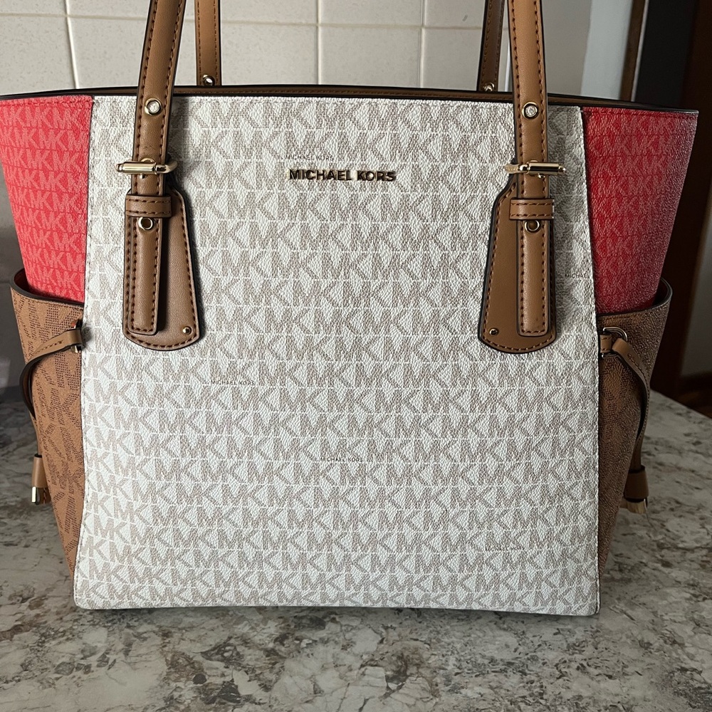 Michael Kors Tri-Color Signature Tote - White, Red, Tan